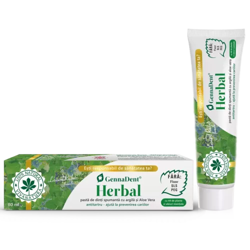 GennaDent Herbal - 100%-ban természetes habzó fogkrém agyaggal és Aloe Verával, 80 ml - Leonard Radutz formula